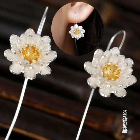 

925 pure silver handmade wire drawing lotus earrings female elegant fresh earring stud earring vintage national