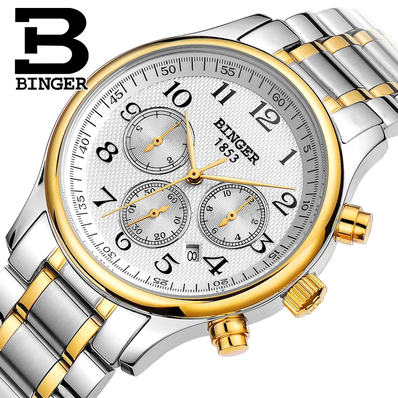 Оригинальные Роскошные Брендовые мужские часы Бингер с кожаным ремешком, полностью стальные автоматические механические часы с сапфировым сапфиром, деловые часы, водонепроницаемые B-603