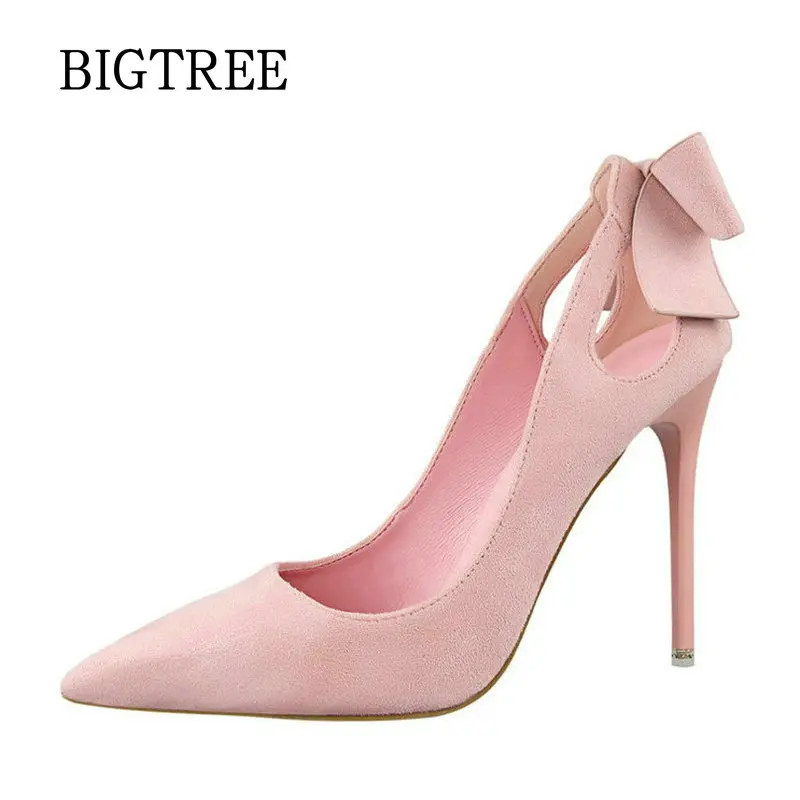 

BIGTREE New Summer Women Pumps Sweet Cute Bow Thin High Heels Shoes Suede High-heeled Pointed Hollow Sandals Elegant Stiletto