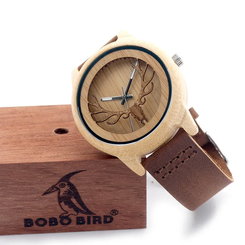 Дизайн головы оленя полые из бамбукового дерева кварцевые часы с кожаным ремешком Мужские повседневные часы