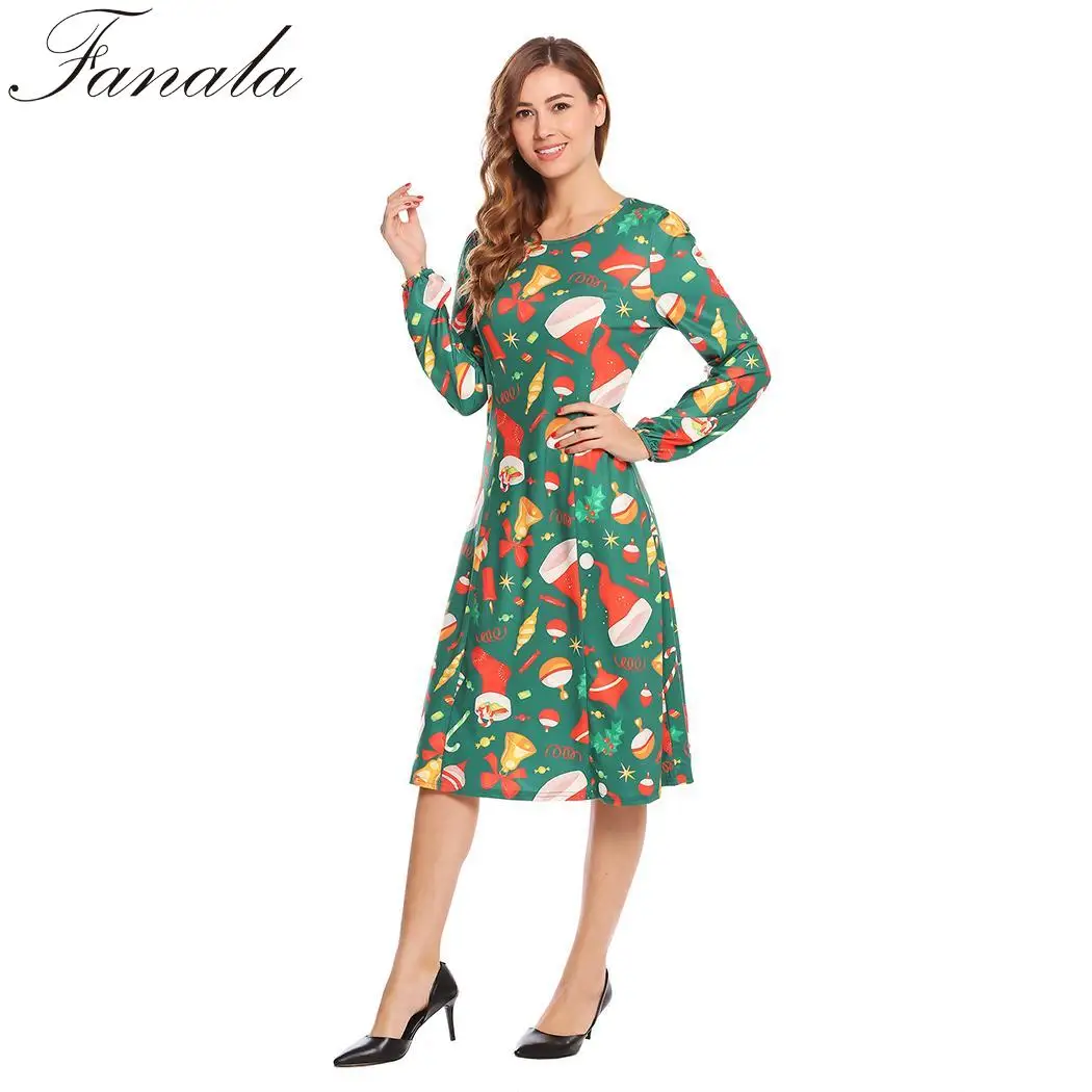 Fit шею длинным рукавом Цветочный принт тонкий Для женщин Повседневное платье трапециевидной формы