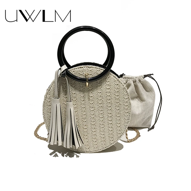 

Straw Shoulder Bags Women Summer Rattan Messenger Round Bag Handmade Woven Beach Crossbody Bag Circle Bohemia Handbag