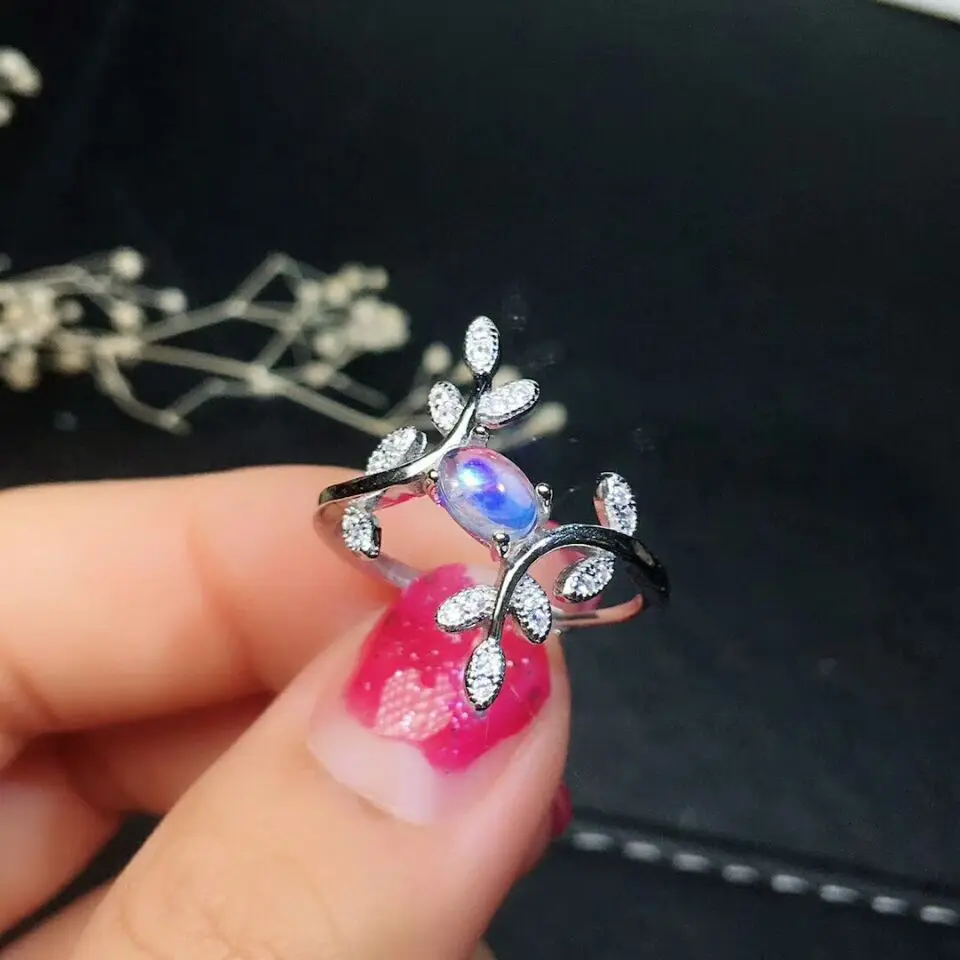[MeiBaPJ Natural Moonstone Gemstone Trendy Olive Branch Ring for Women Real 925 Sterling Silver Charm Fine Jewelry 2 Colors