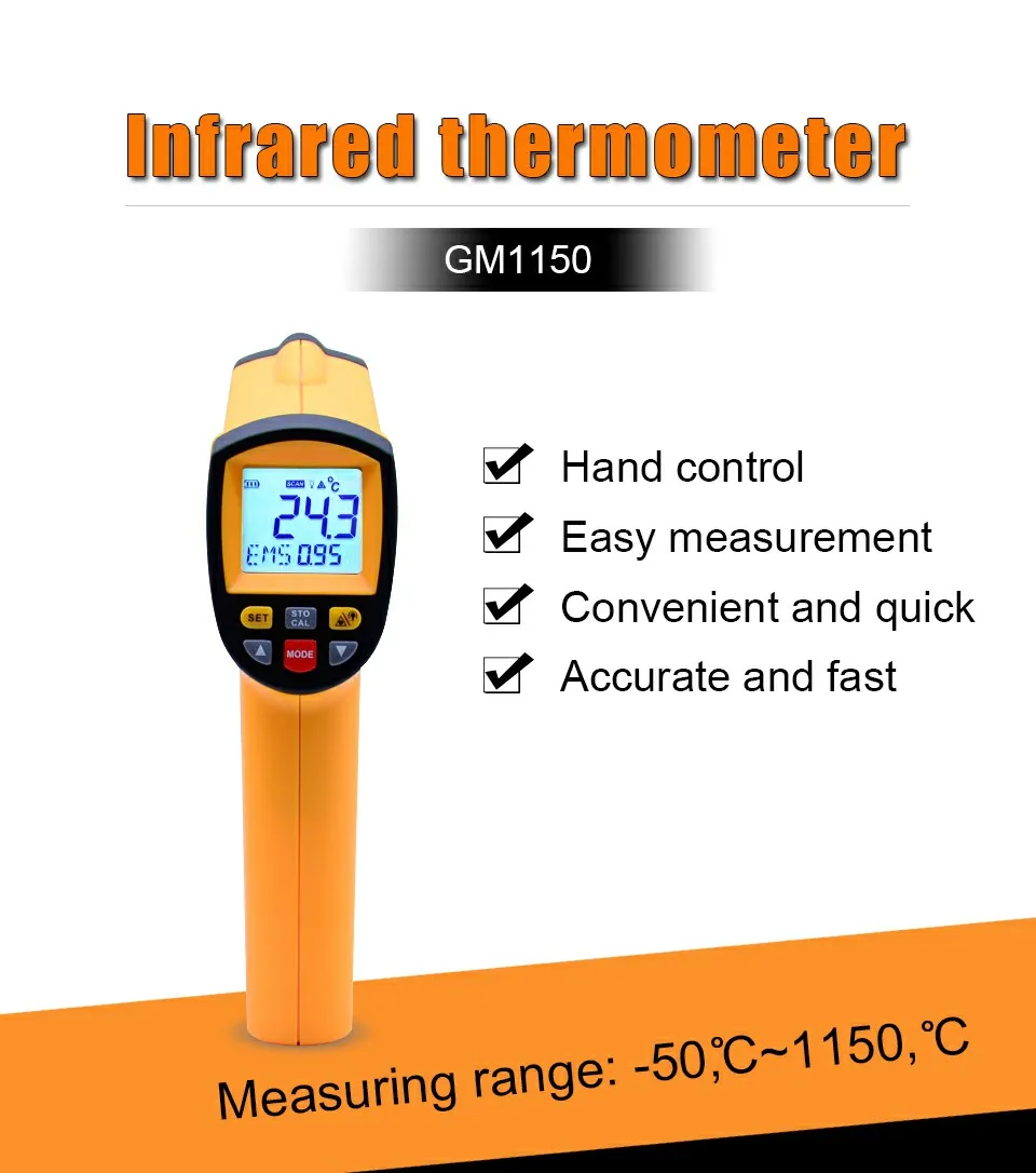 Outest GM1150 бесконтактной лазерной ЖК-дисплей Дисплей цифровой инфракрасный термометр Температура метр точка пистолета-50~ 1150C(-58~ 2102F