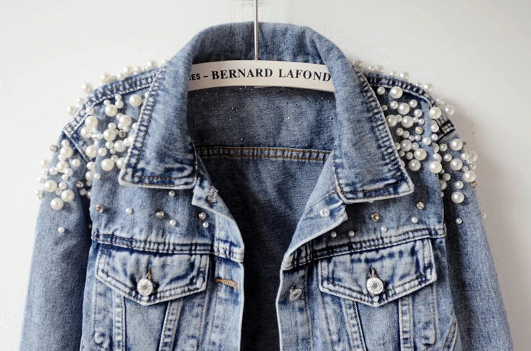 Spring Autumn Women Basic Coats Women Denim Jacket Pearls Beading Fashion Jeans Coat Loose Long Sleeve Jackets 898