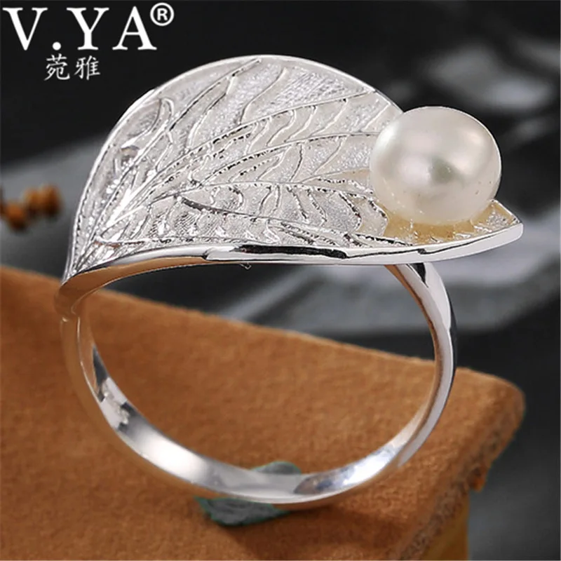 

V.YA Natural Freshwater Pearl Ring 925 Sterling Silver Adjustable Leaf Rings for Women Birthday/Mother's Day Gifs