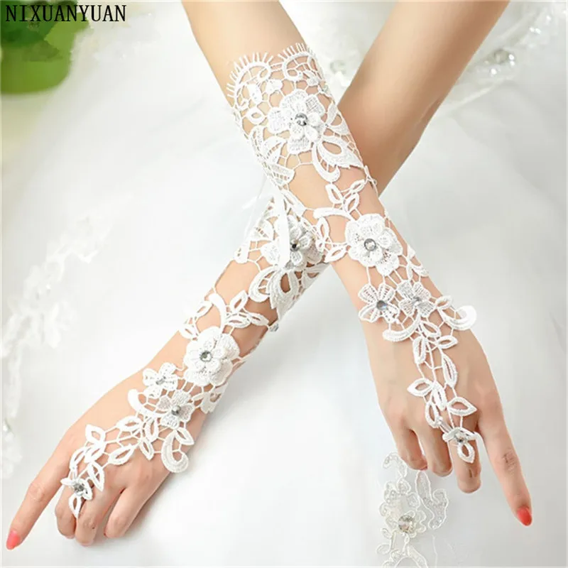 

NIXUANYUAN Gorgeous Sexy Ivory Lace Fingerless Wedding Gloves Sheer Rhinestones Beading Lace Sheer Bridal Gloves