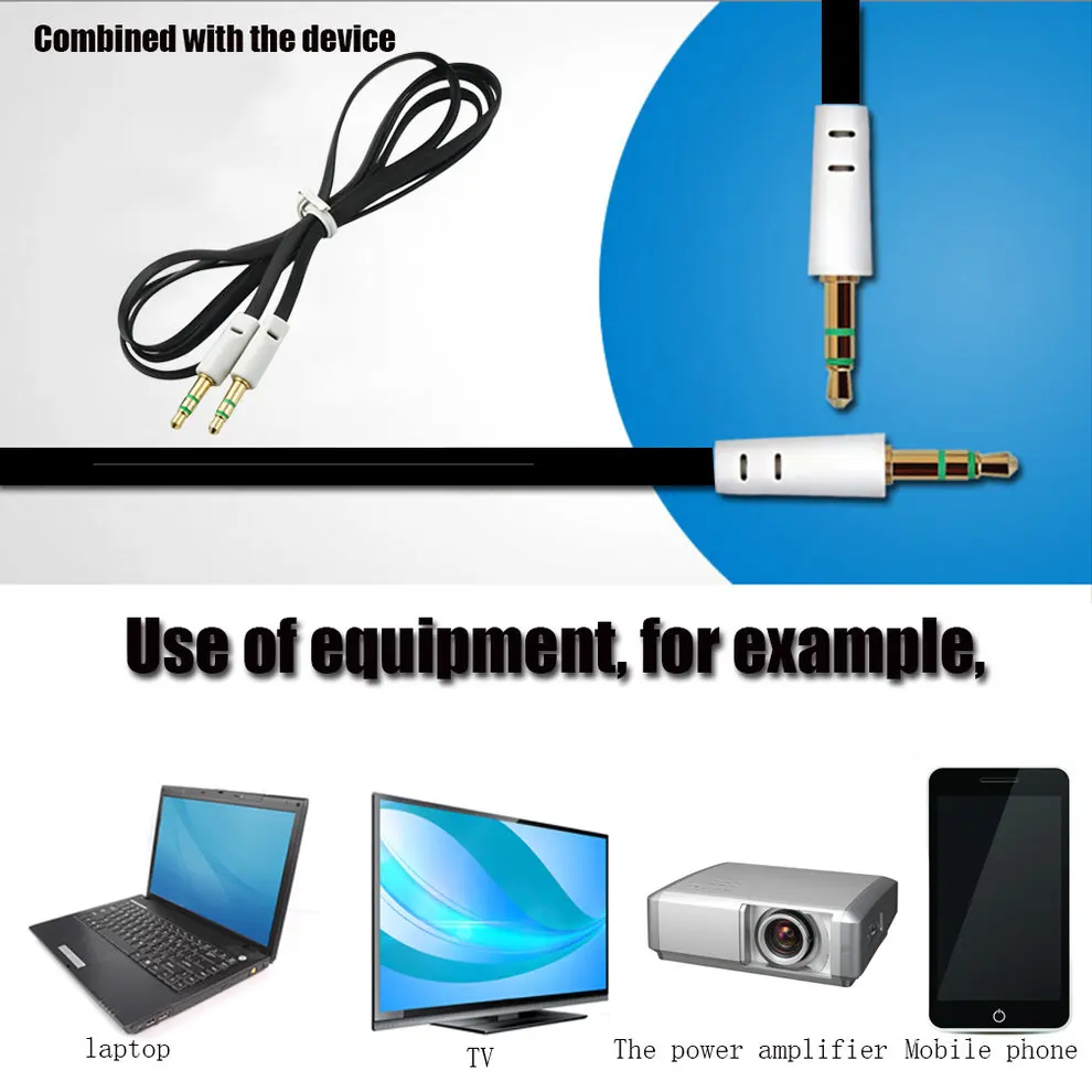 

2 Pcs New 3.5mm Male to Male 1m Stereo Audio Jack Noodle Shape AUX Auxiliary Cable For iPhone For iPod MP3
