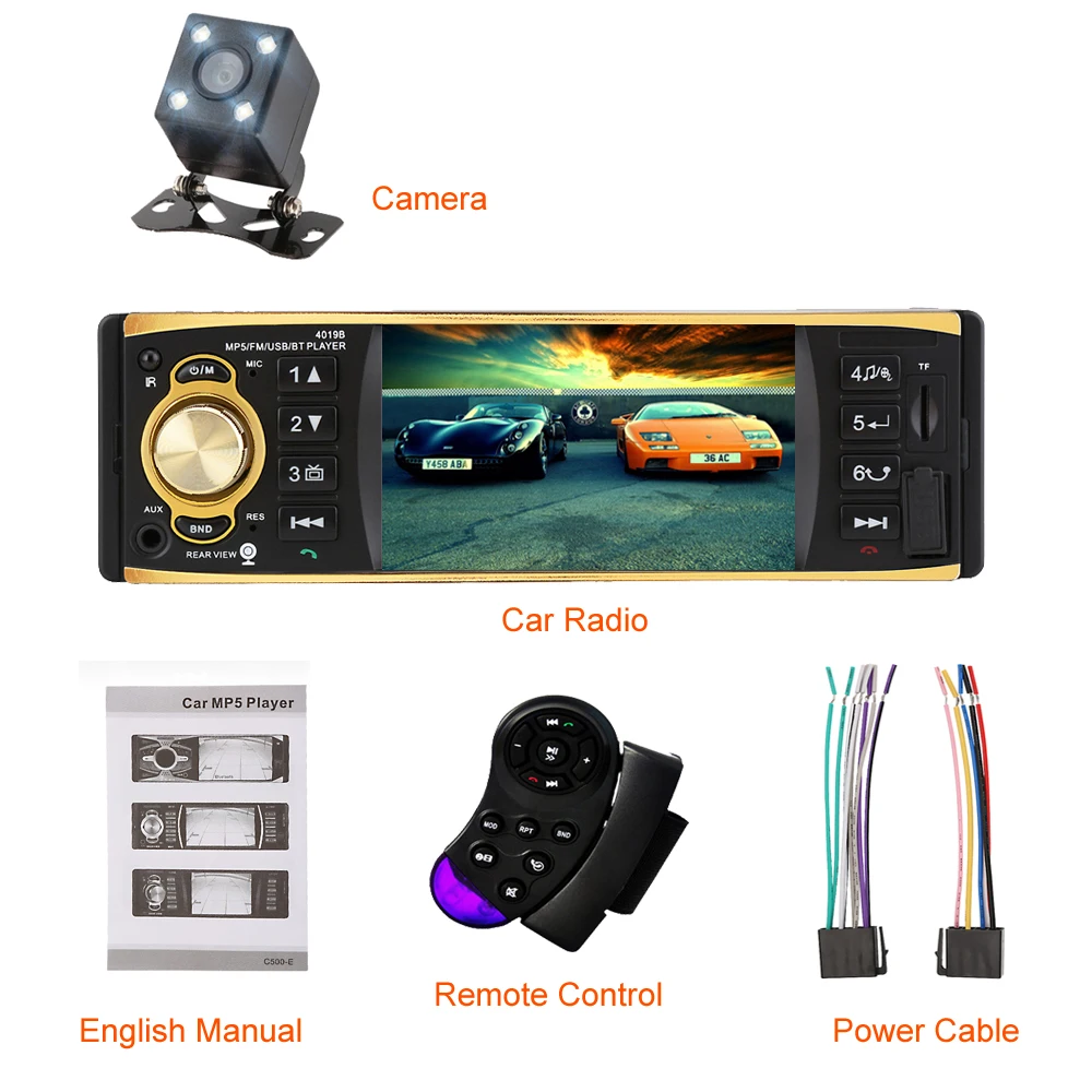 Podofo 4,1 pulgadas 1 Din Radio de coche Audio estéreo AUX FM estación de Radio Bluetooth Autoradio con cámara de visión trasera remota control