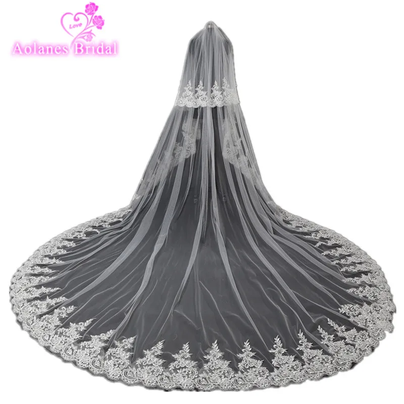 

2017 New 3X3.5M Vintage Style Lace Cathedral Wedding Veils Applique Edge Long One Layer Bridal Veils Custom Made velos de novia