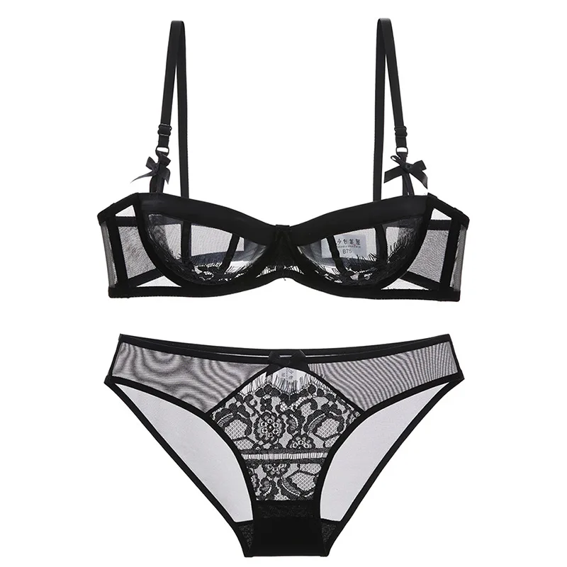 Summer super thin transparent half cup underwear bra set sexy lady lace bra dark green thin style