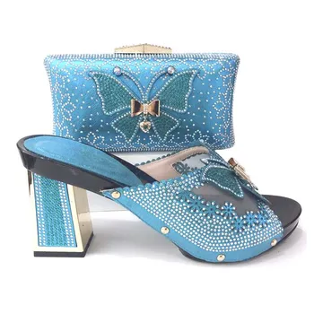 

Beautiful sky blue women pumps and bag with rhinestone decoration african butterfly shoes match handbag set V25899,heel 10CM