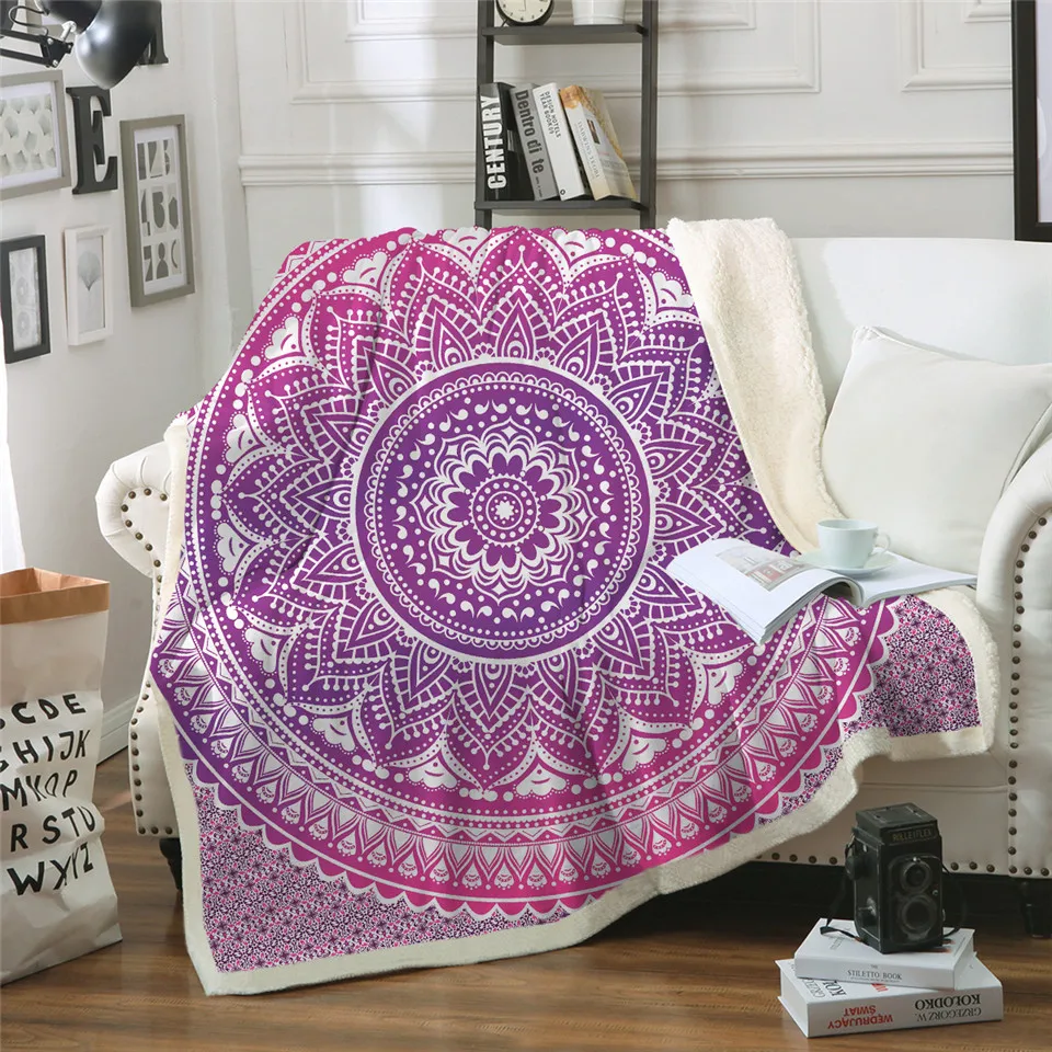 

Pink Mandala Sherpa Blanket for Woman Velvet Plush Bohemia Floral Throw Blanket for Bed Sofa Bedding 150x200