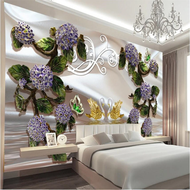 

wellyu 3D purple round embossed flowers Swan Lake mural background wall custom large mural green wallpaper papel de parede