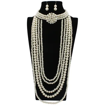 

Trendy beads pearl flower layers necklace earrings sweater chain jewelry set for woman party personality costume accessories