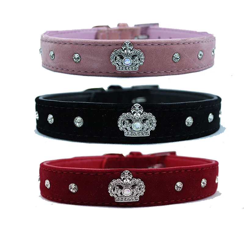 Bling Crown Dog Collars Flocked Pets Cats Collar With Rhinestone S M L