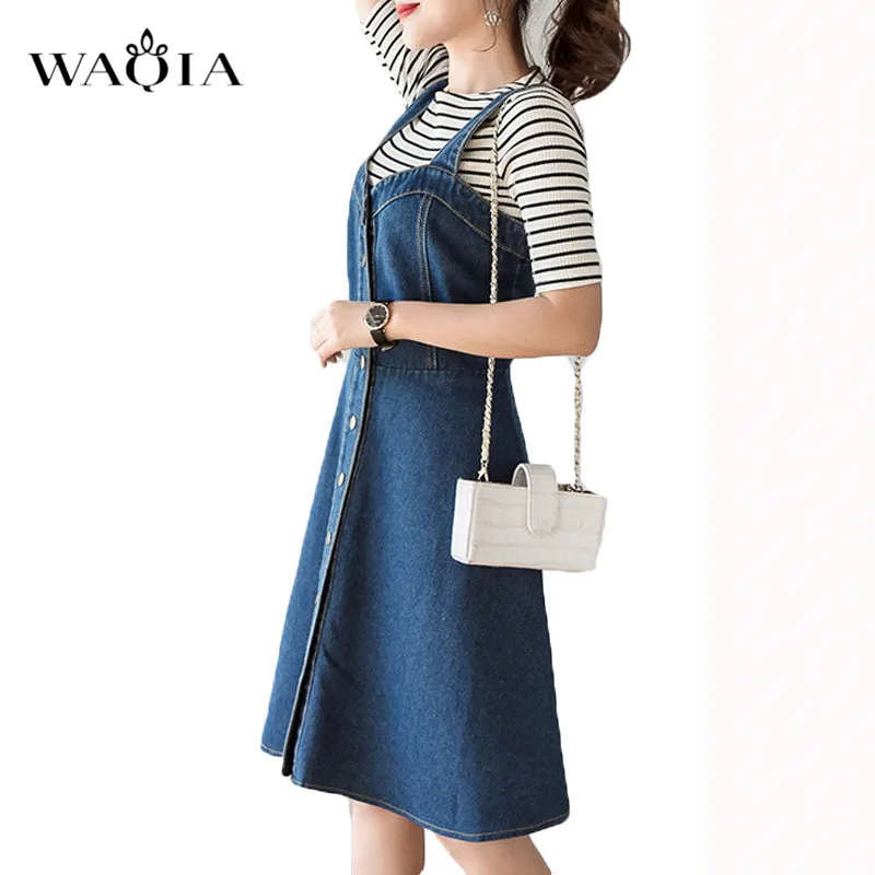 WAQIA 2019 женское летнее джинсовое платье сарафан комбинезон винтажное синее