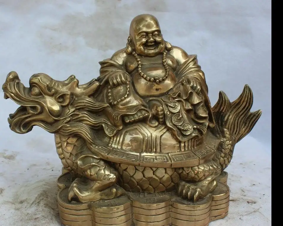 

wang671115392++++15" Chinese Brass Seat Dragon tortoise Turtle Happy Laugh Maitreya Buddha Statue