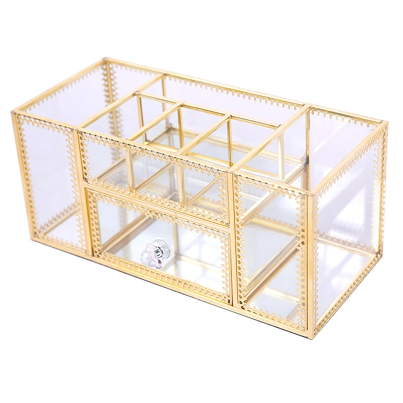 

Make Up Storage Baskets Vintage Golden Polygon Shaped Organizer Brass Tone Clear Glass Ornate Jewelry Sundries Storage Tray
