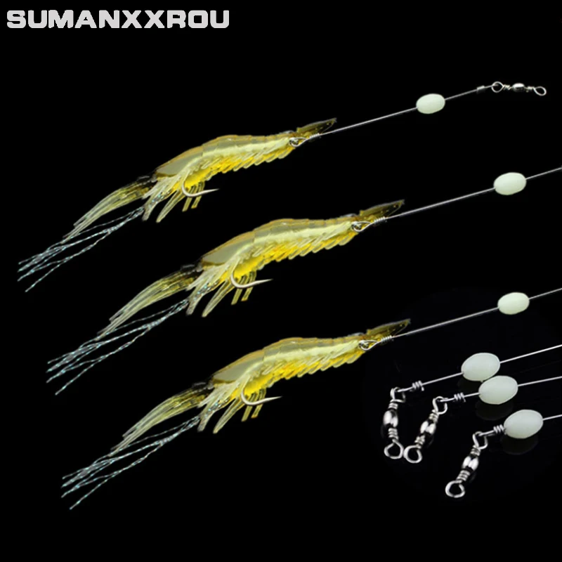 Realistic Artificial Soft Shrimp Lure Hook with Leader Cord Trace