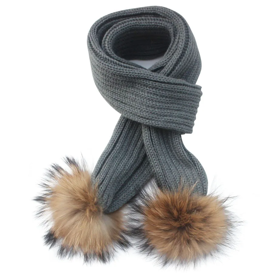 150*16cm crochet Children Scarf wool Knitted Winter Fur Scarves With Detachable Real Raccoon Fur Pom Poms neckwarmer Scarf