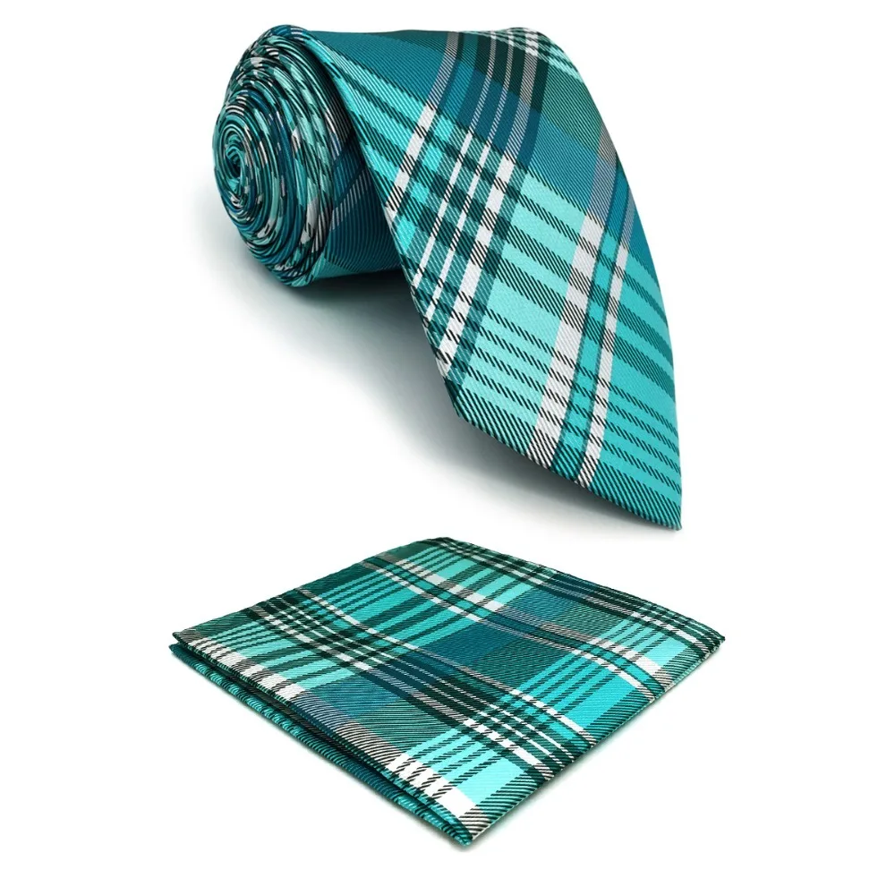 

D36 Azure Green Checkered Mens Silk Ties for Men Plaids Necktie Extra Long