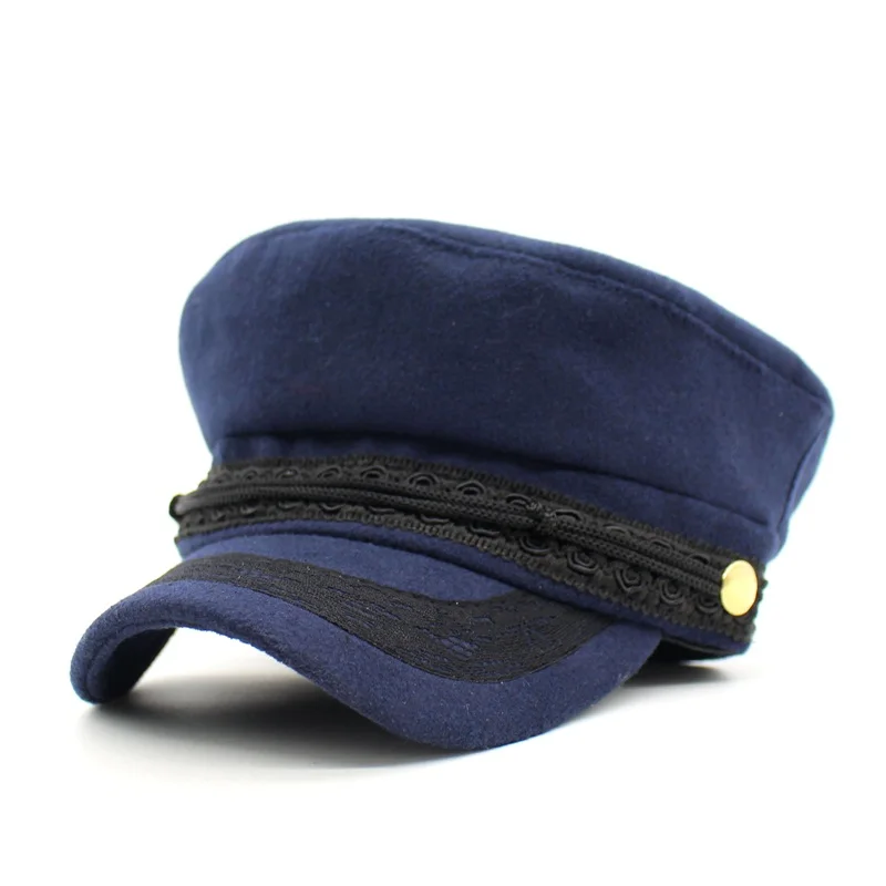 Ditpossible модные шапки с кружевами для девочек, шапки в стиле милитари, женские шапки из шерсти и хлопка, черные, серые, темно-синие - Цвет: navy
