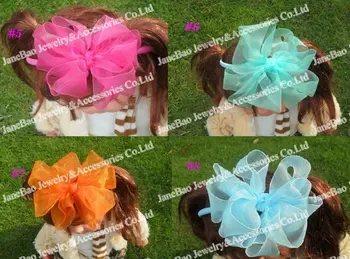 

free shipping 72pcs 5.5'' big organza headbands flower hair bows for girl hair accessories popular hair clips whosale