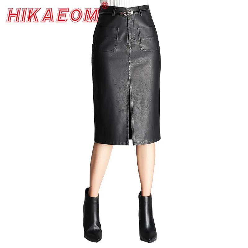 

Split Leather Skirts Womens PU Leather Sexy Big Pocket High Waist Leather Skirst Women Mid Bodycon Skirt Black Plus Size Belt