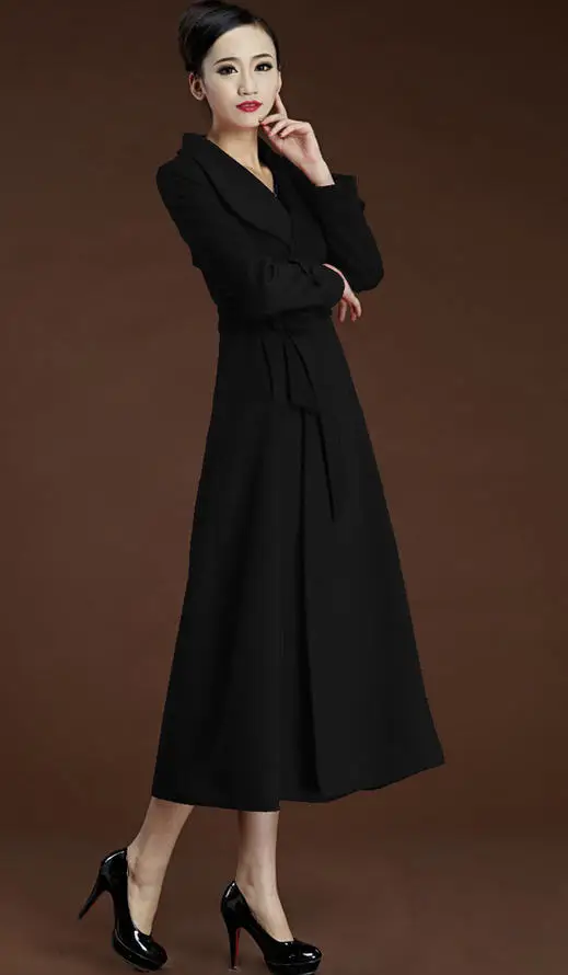 Европейский осень-зима Для женщин супер длинный обтягивающий кашемировый пальто женские элегантные шерстяные пальто, женская верхняя одежда, S-3XL D024 - Цвет: black