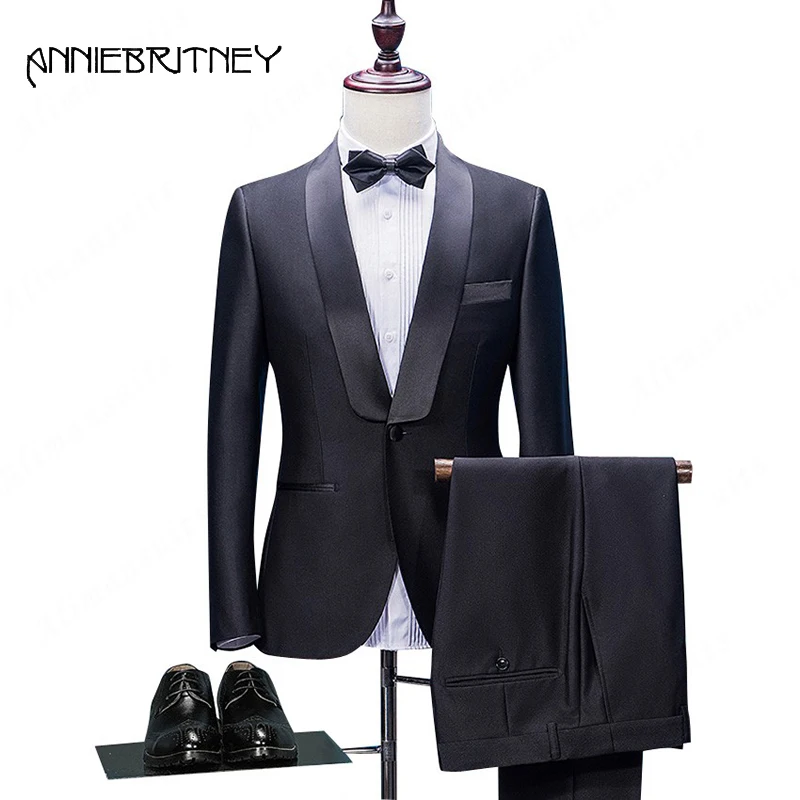 2018 Navy Blue Formal Wedding Suits for Men Satin Shawl Lapel Slim Fit Groom Tuxedo Retros Blazer 3 Pieces Ternos Masculino