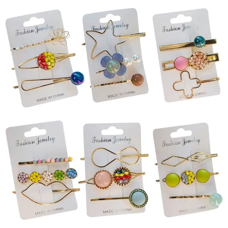 

3Pcs Summer Beach Side Bangs Hair Clip Women Rainbow Candy Color Imitation Crystal Hairpin Scrub Beaded Geometric Hair Accessory