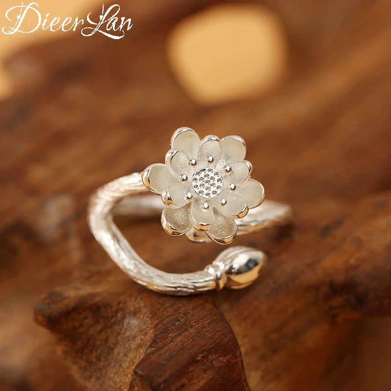 

DIEERLAN Bijoux Retro Antique Large Lotus Flower Rings 925 Sterling Silver Rings for Women Ladies Fashion Bohemian Jewelry
