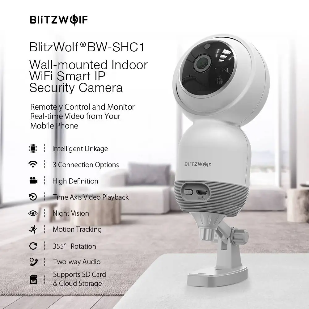 Blitzwolf BW-SHC1, 1080 P, настенная PTZ, WiFi, ip-камера, обнаружение движения, Умный домашний монитор безопасности, поддержка SD карты, облачное хранилище