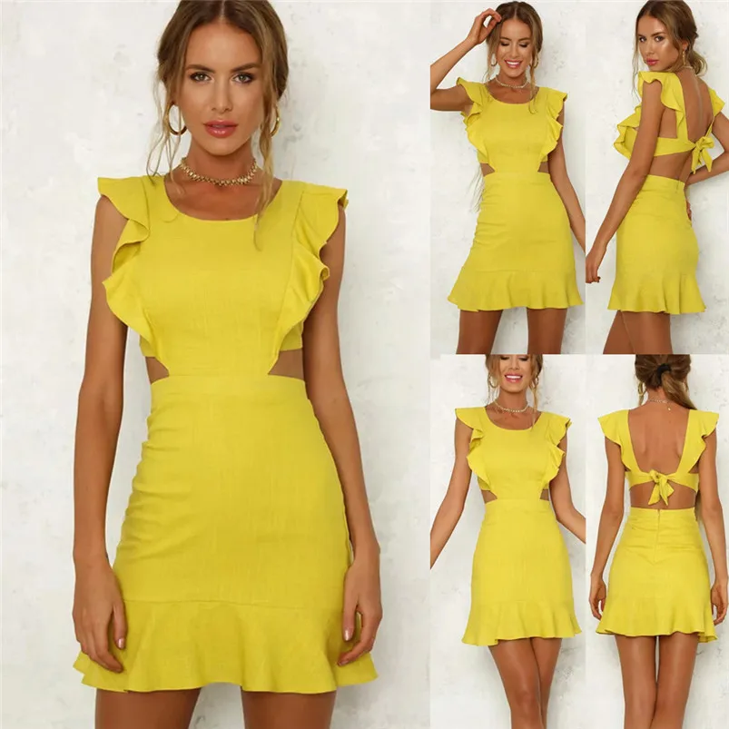 2018 HOT sell Dress summer beach dress Women Solid Short Sleeve Ruffles Backless Hollow Out Beach Boho Mini Dress vestido J08#N (24)
