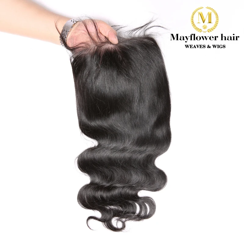 MFH 5X5 "кружева закрытия 100% девственные волосы тела волна с ребенком волос линии полностью ручной связали швейцарское кружево среднего
