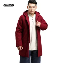 New Winter Mens Parka Coat China Style Retro Cotton Padded Linen Male Hooded Thick Jacket