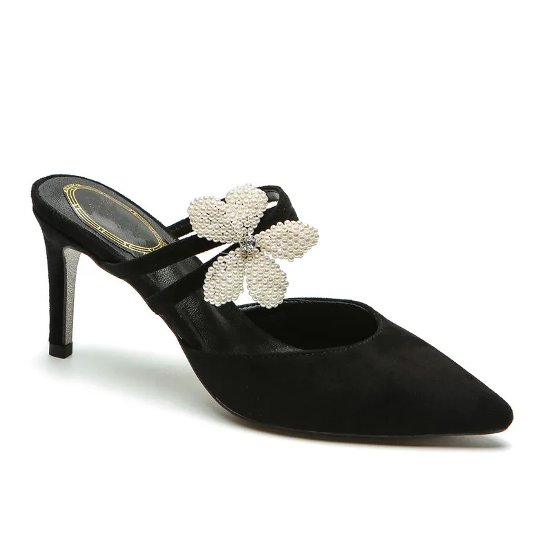 

Shoes Women 2018 Spring Summe All-match Woman Slippers High Heels Pearls Flowers Pointed Toe Closed Toe Shoes Zapatos Mujer