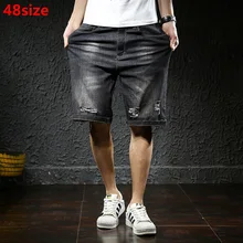Летние черные рваные джинсовые укороченные брюки Мужская мода большой размер стрейч шорты Молодежные свободные