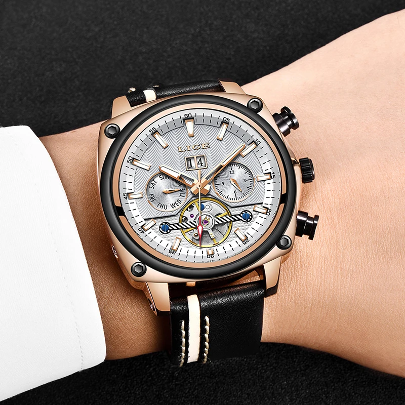 

Relogio Masculino LIGE Top Brands Luxury Automatic Mechanical Watch Male Leather Waterproof Sports Watch Men Business Wristwatch