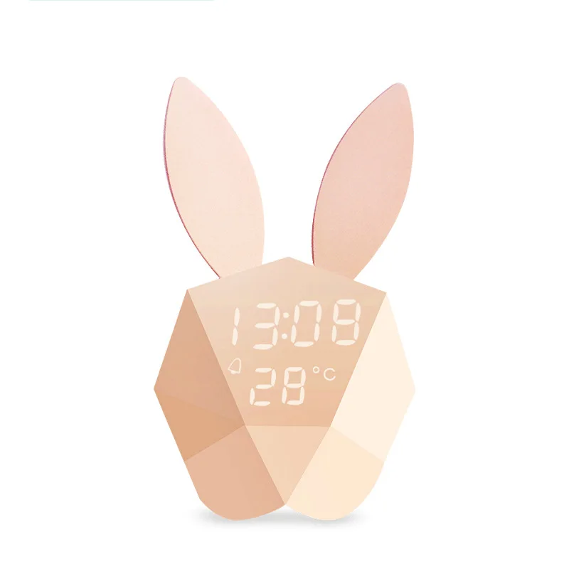 

2019 New Arrival Cute Rabbit Alarm Clock Digital LED Time and Temperature Display Cartoon Geometric Style 2 Colors For Choice