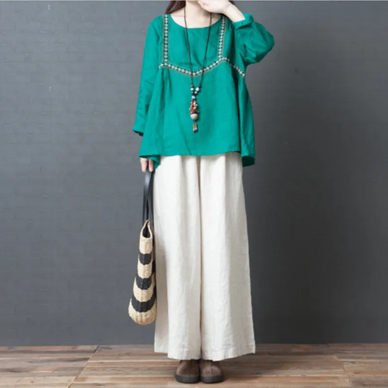 

Johnature New Cotton Casual Solid Korean Version Plus Size Wide Leg Women Pants 2019 Spring Elastic Waist Long Women Pants