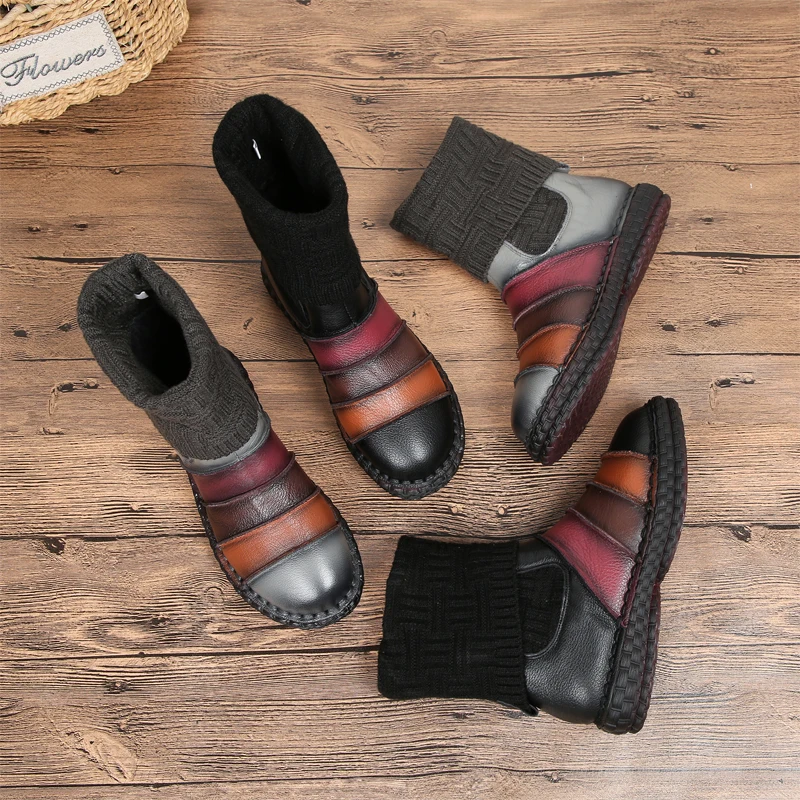 

Women Genuine Leather Sock Boots Black Low Heels Soft Leather Ankle Boots For Women Winter Warm Shoes 2018 Handmade Martin Boots