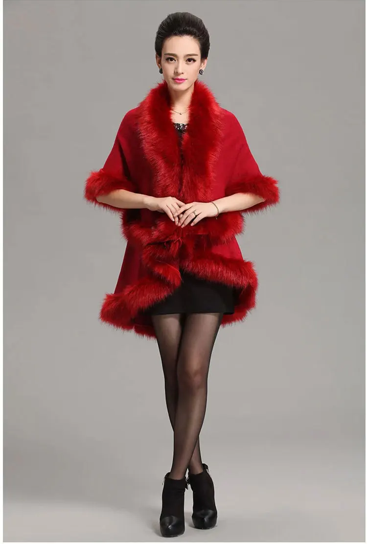 Новое роскошное пальто в западном стиле с меховым подолом, пальто, женское кашемировое пончо с лисьим мехом, пончо, накидка с кроличьим мехом, шаль, зимняя теплая распродажа - Цвет: wine red
