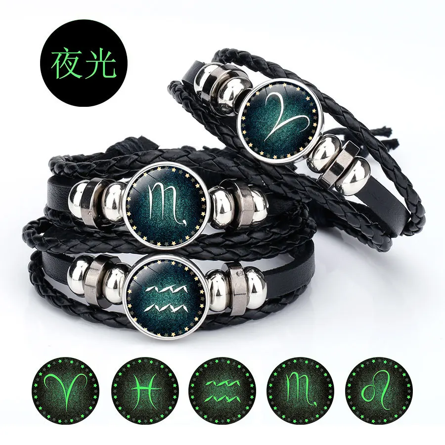 

New 12 Constellation Handmade Leather Bracelet For Men Weave Multi Layer Glow In The Dark Couple Zodiac Bracelet Women Jewelry