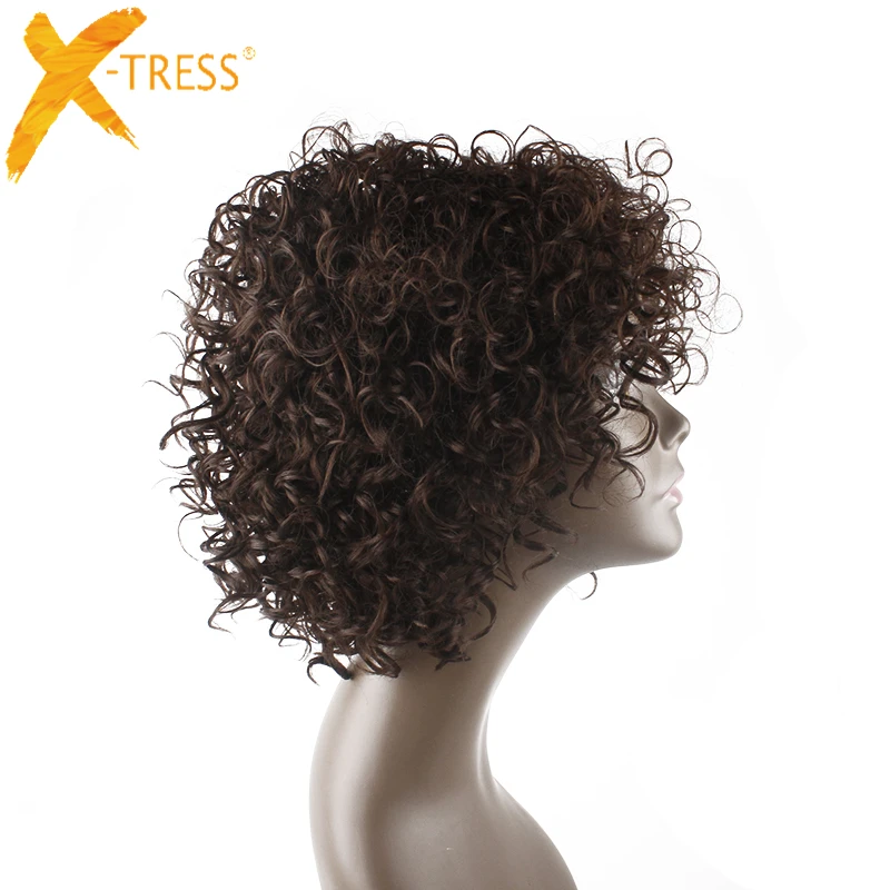 X-TRESS афро кудрявый 12 дюймов короткие кудрявые синтетические парики с челкой натуральный черный высокая температура волокна африканская прическа для женщин