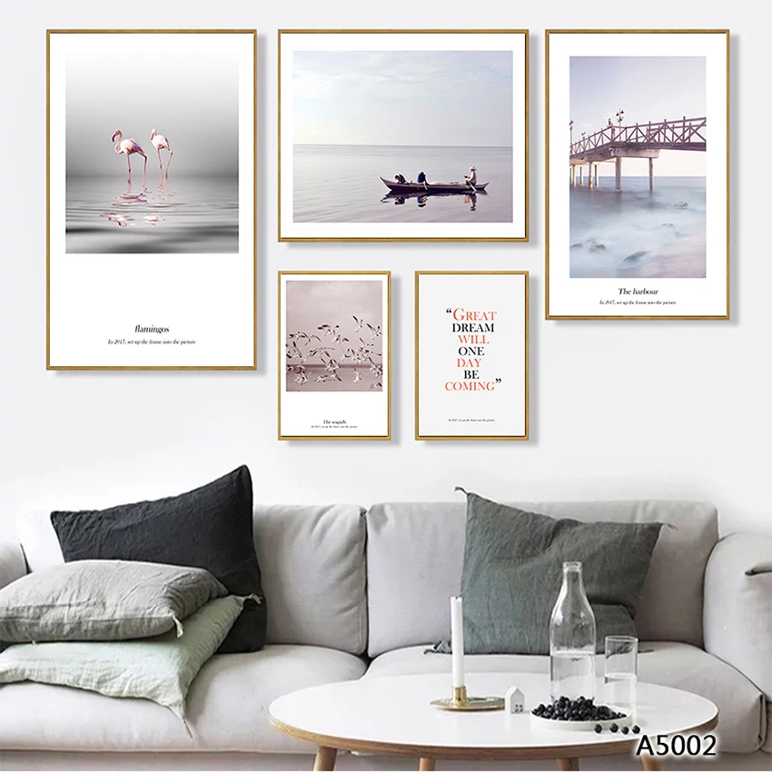 

Canvas Painting Nordic sea view sky bird letter poster living room decoration photo Wall Art On Canvas
