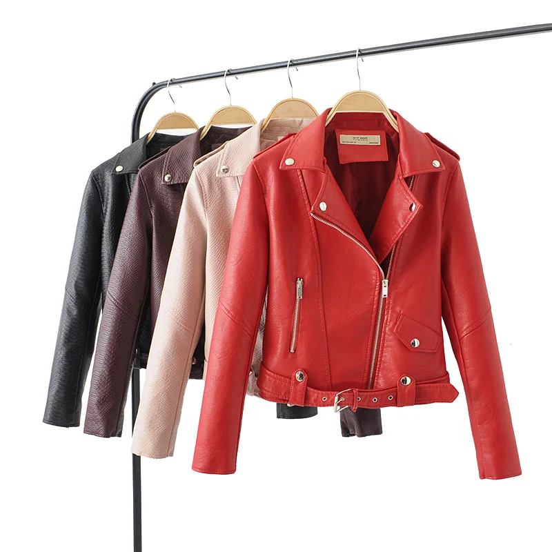 Новые модные женские мотоциклетные куртки и пальто из искусственной кожи женские осенне-зимние красные байкерские уличная верхняя одежда с поясом