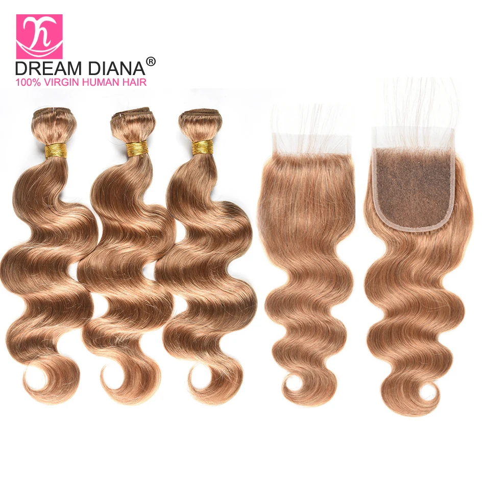 

DreamDiana Color 27 Peruvian Body Wave 3 Bundles With Closure #27 Remy Weave Hair With Closure Gold Color Pre Colored Human Hair