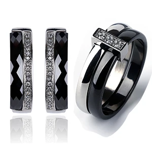 Новинка, круглый керамический ювелирный набор, двойной круг, стальные и керамические кольца с сияющими кристаллами, серьги для женщин, свадебные украшения - Окраска металла: Black